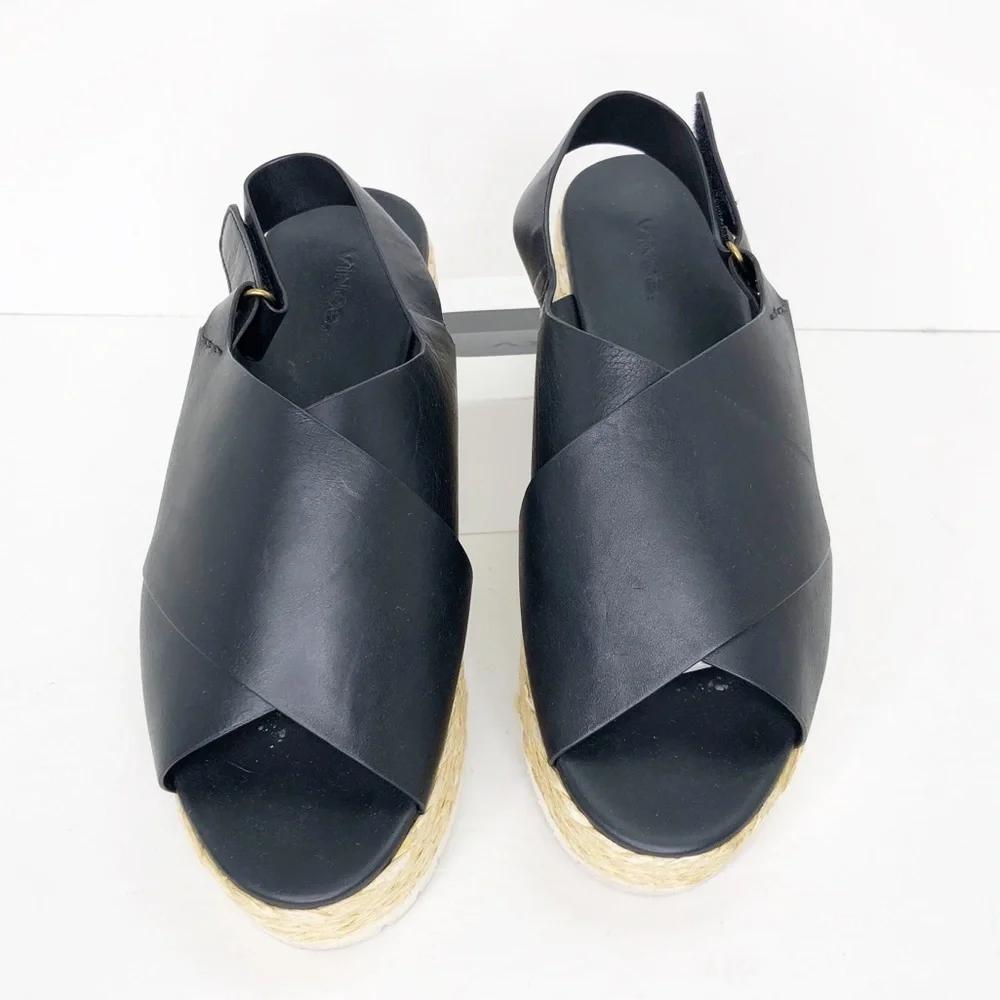 Vince, black, leather espadrille, platform, wedge sandals